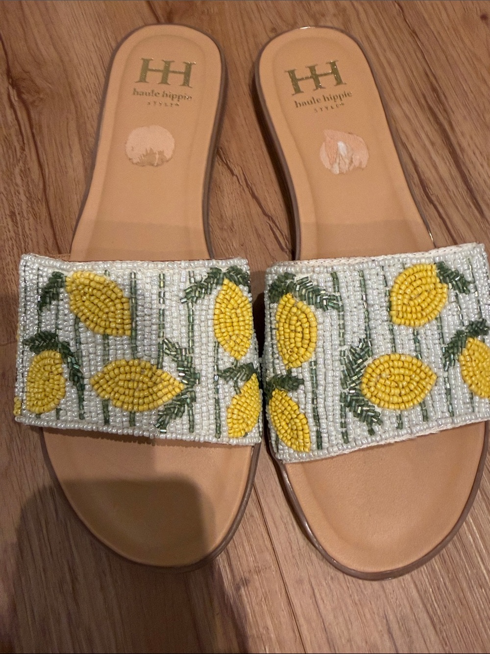 Only Worn Once!! Haute Hippie White Beaded Slide Sandals with Yellow Lemon Motif